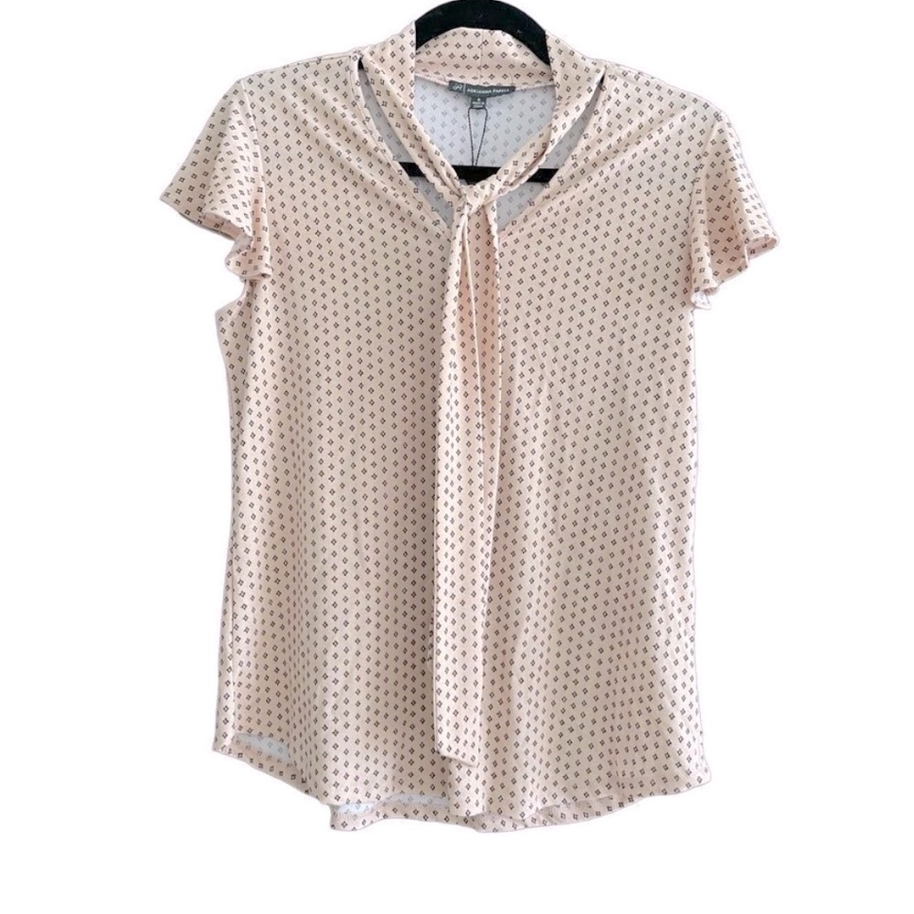 Adrianna Papell Tie Neck Flutter Sleeve Size Small-Creme w/Blk and red print - Picture 5 of 9